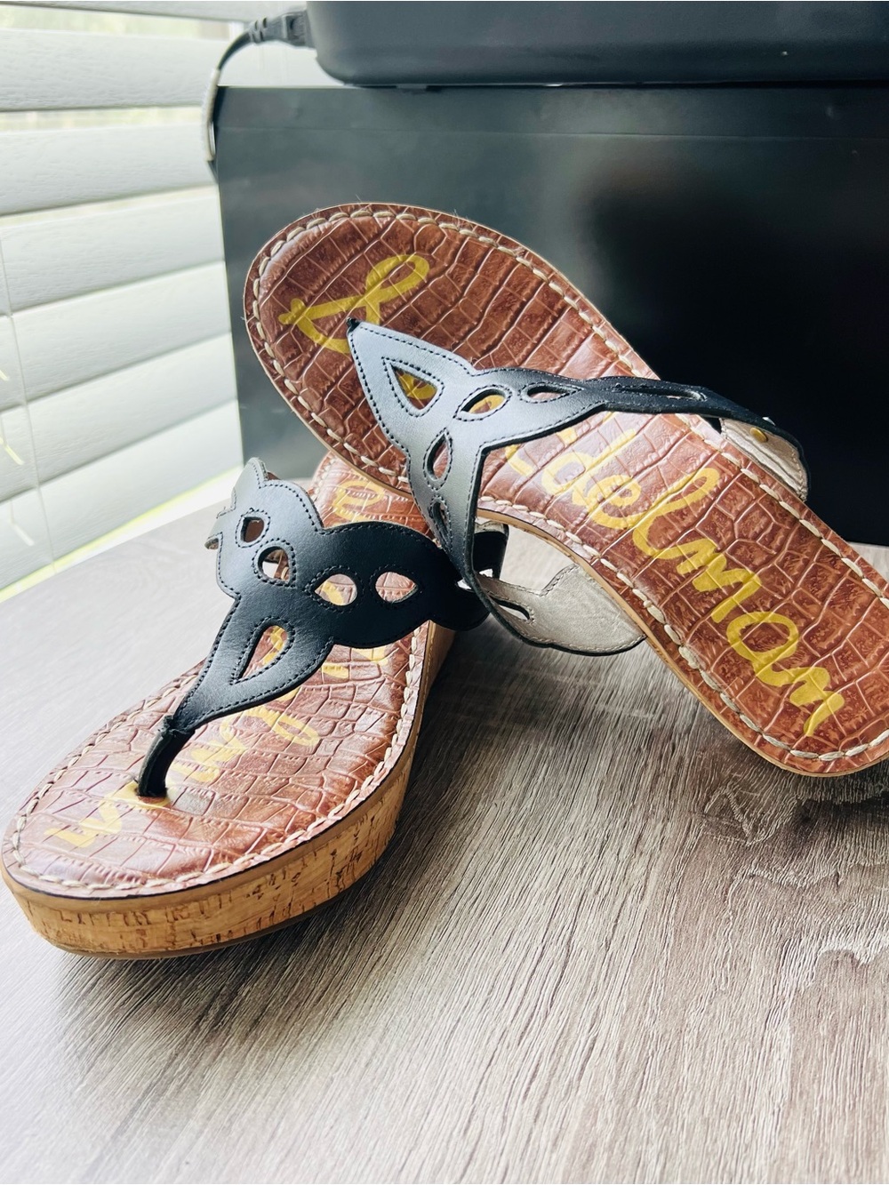 Sam Edelman Black Cork Wedge Thong Sandals